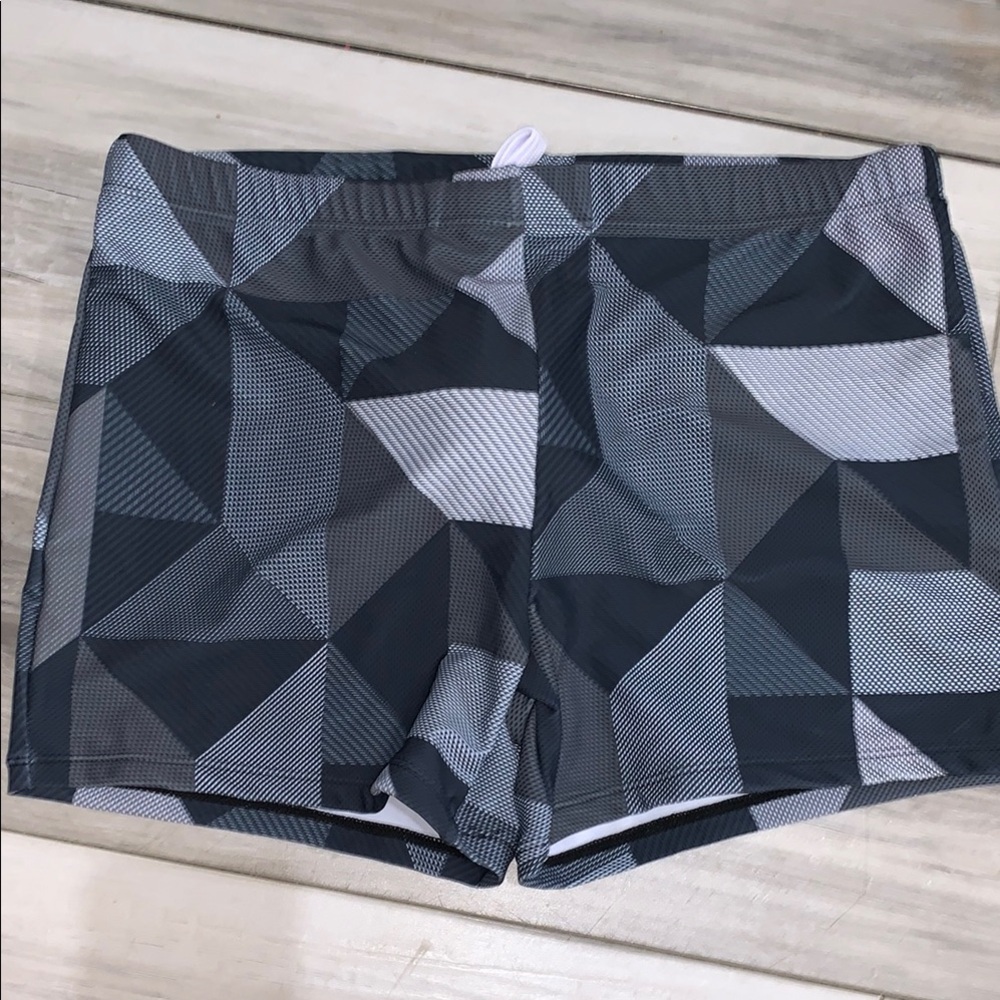 3️⃣ Geometric Black and Gray Swim Trunks